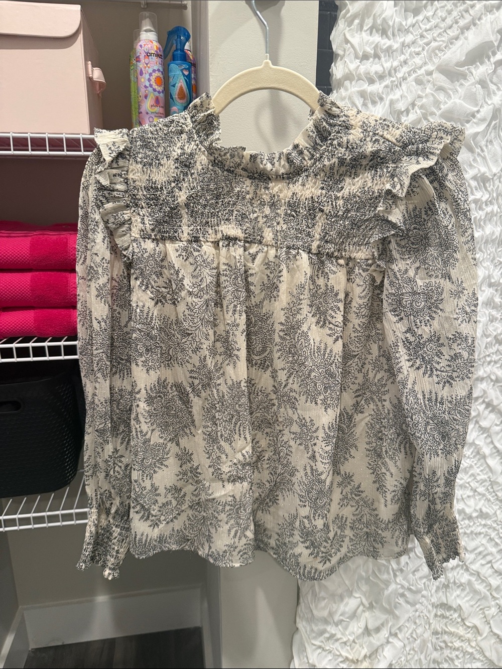 Ann Taylor Cream Blouse with Black Floral Paisley Print